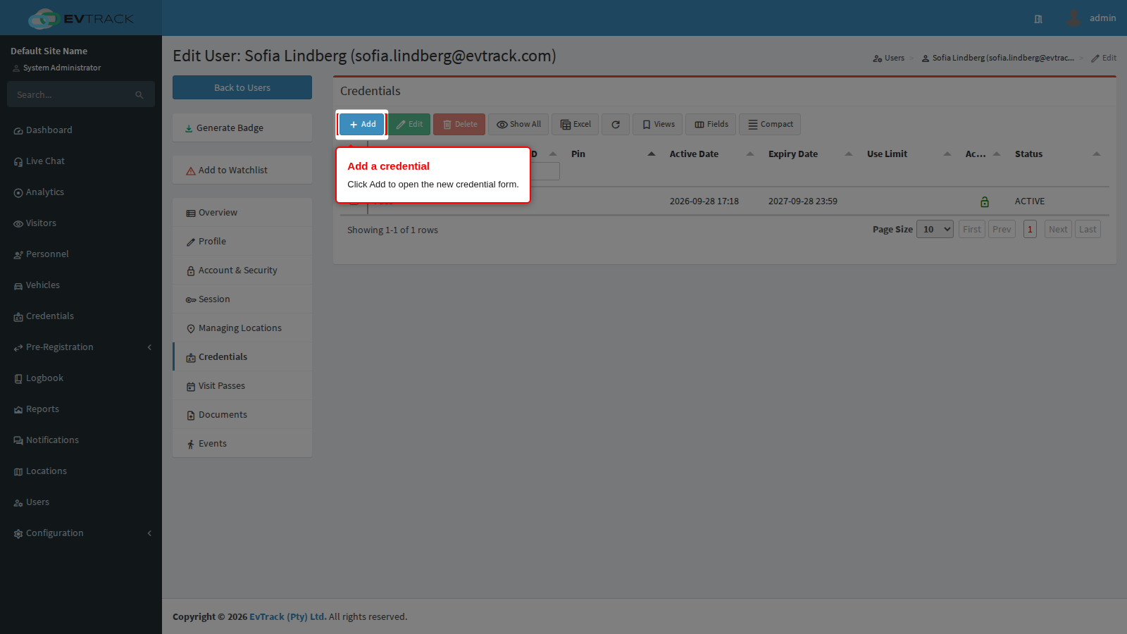 Add button in the credentials toolbar
