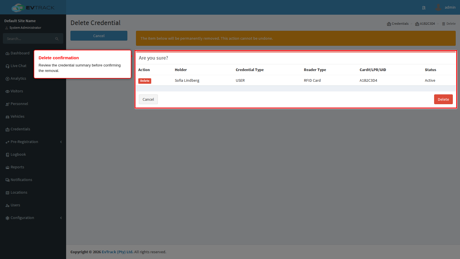 Credential delete confirmation