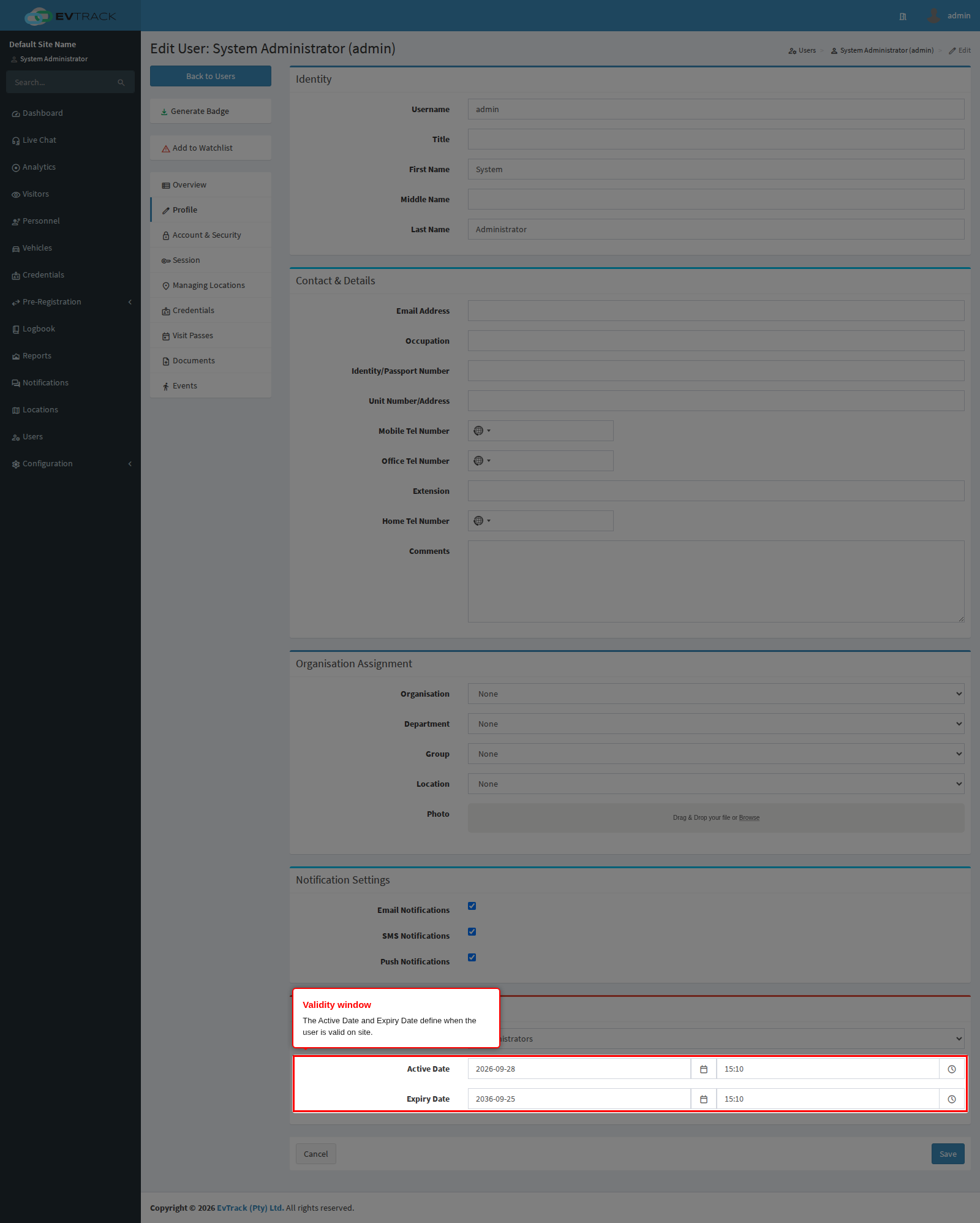 User validity dates