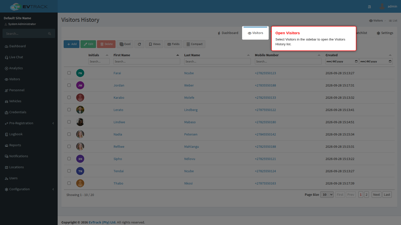 Visitors list