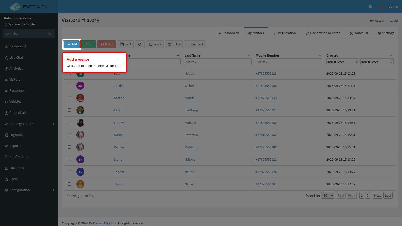 Add button in the Visitors toolbar
