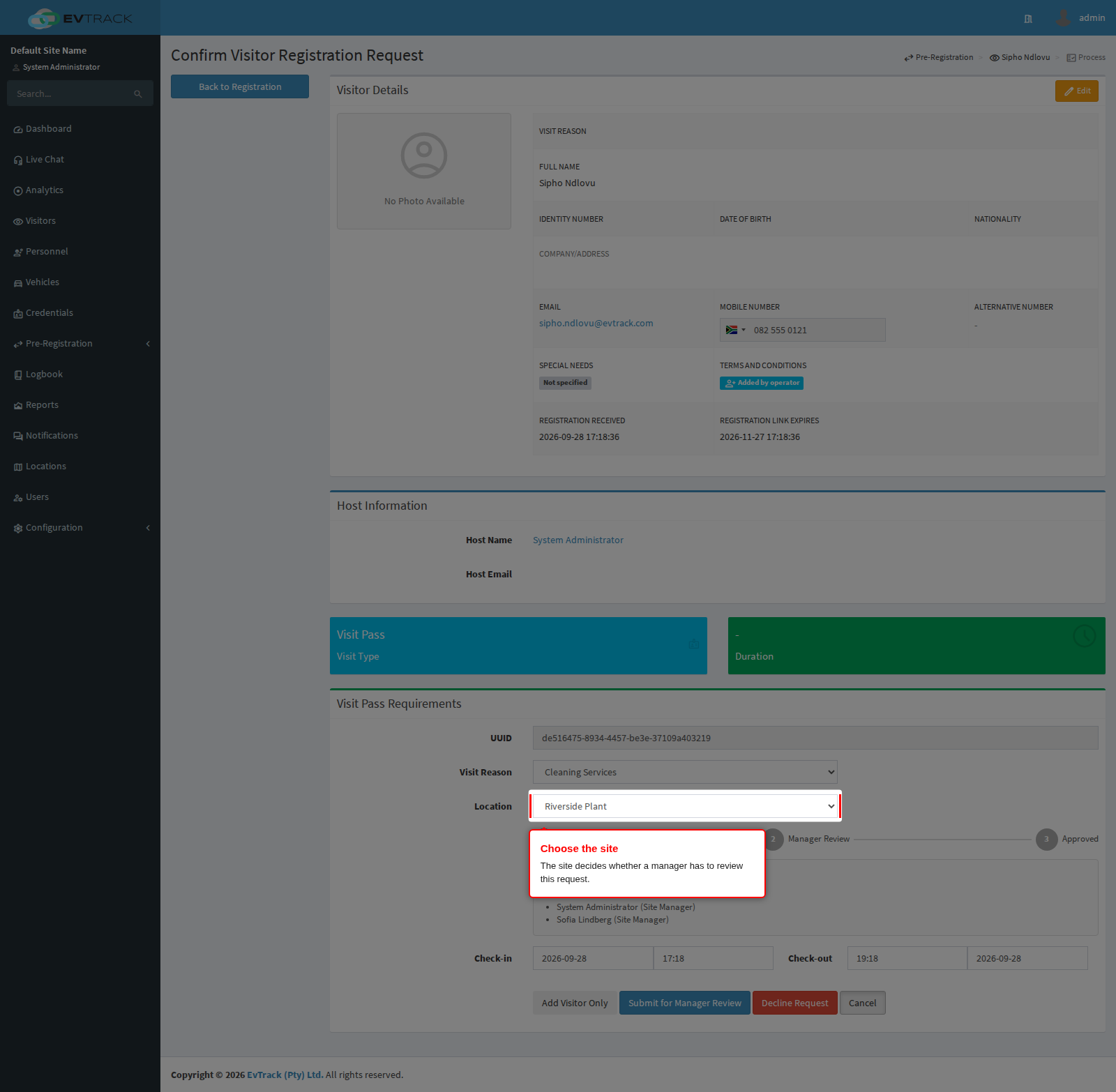 Choosing the site on the processing screen