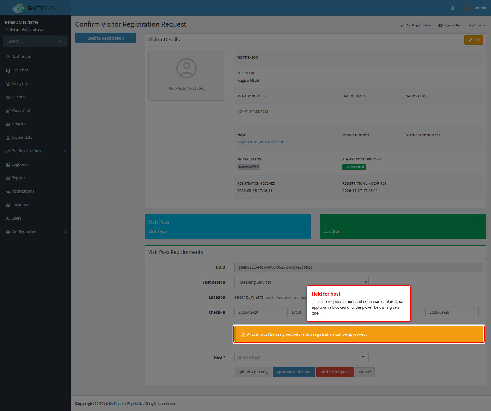 The held-for-host warning and the host picker