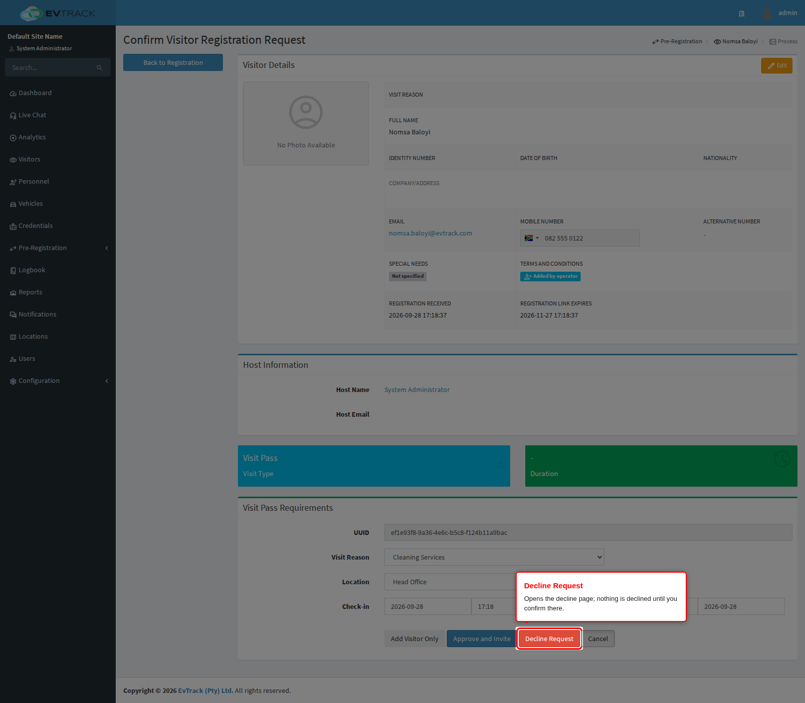 The Decline Request button