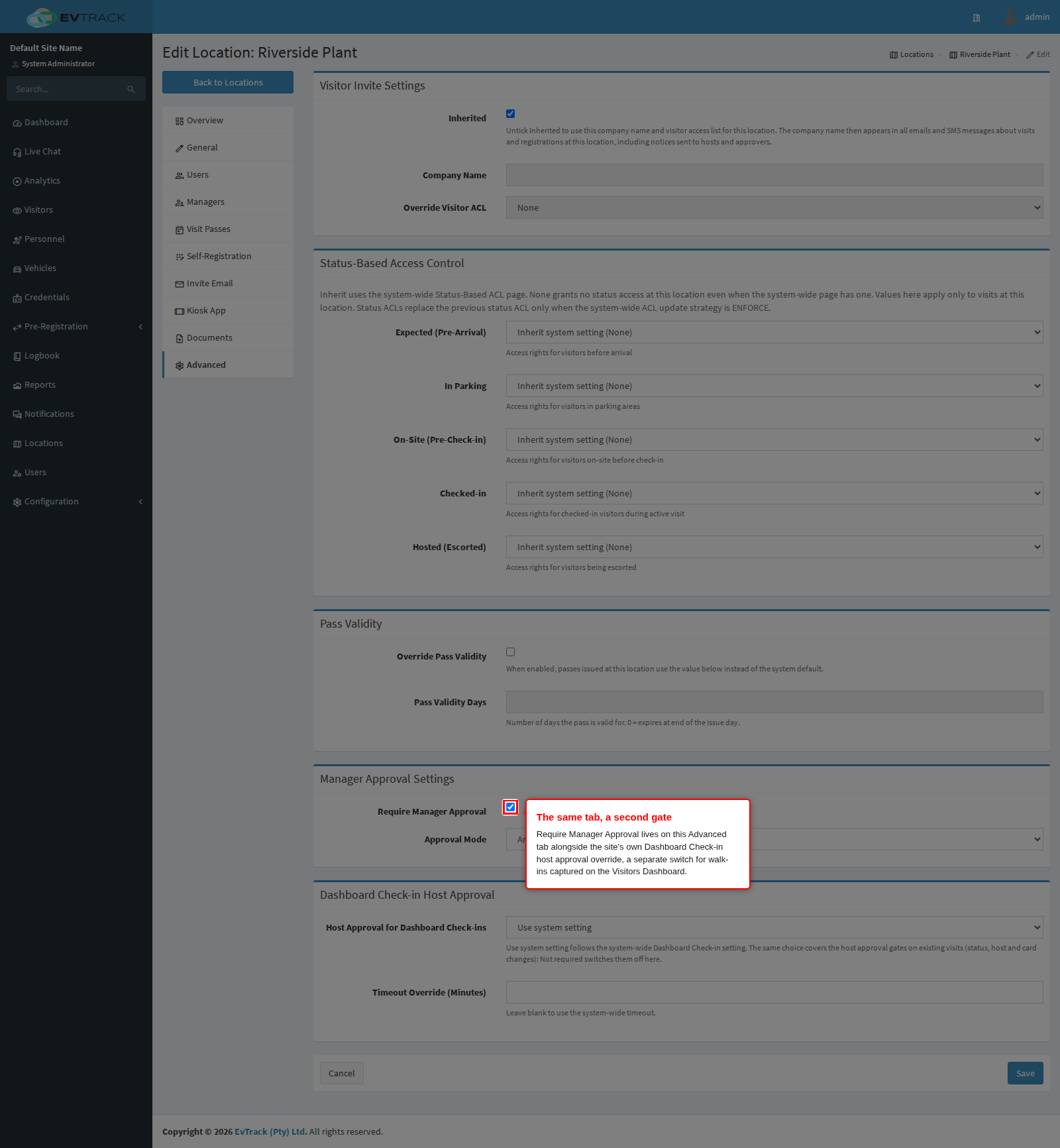 Require Manager Approval next to the site's Dashboard Check-in override