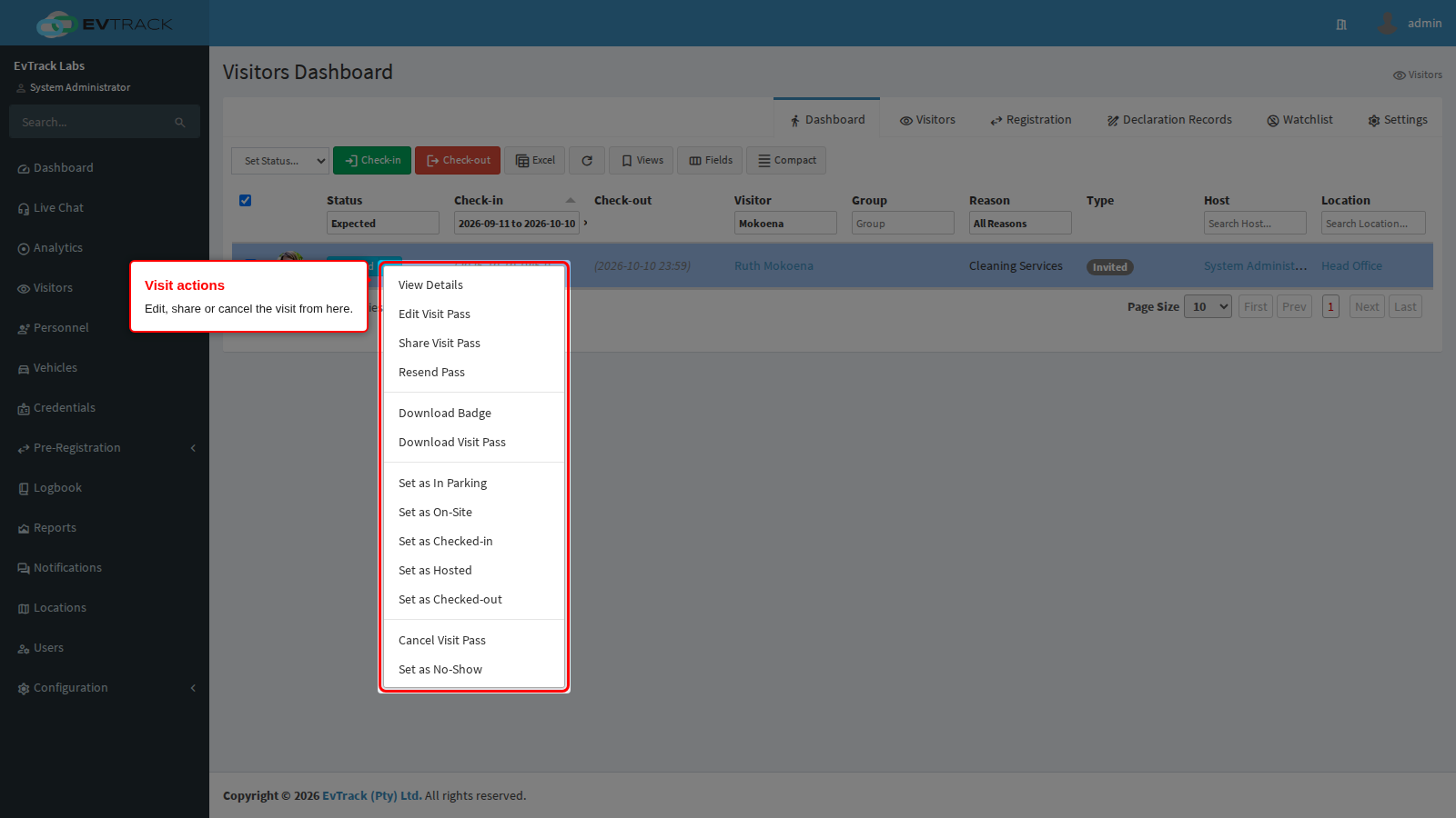 Visit actions menu