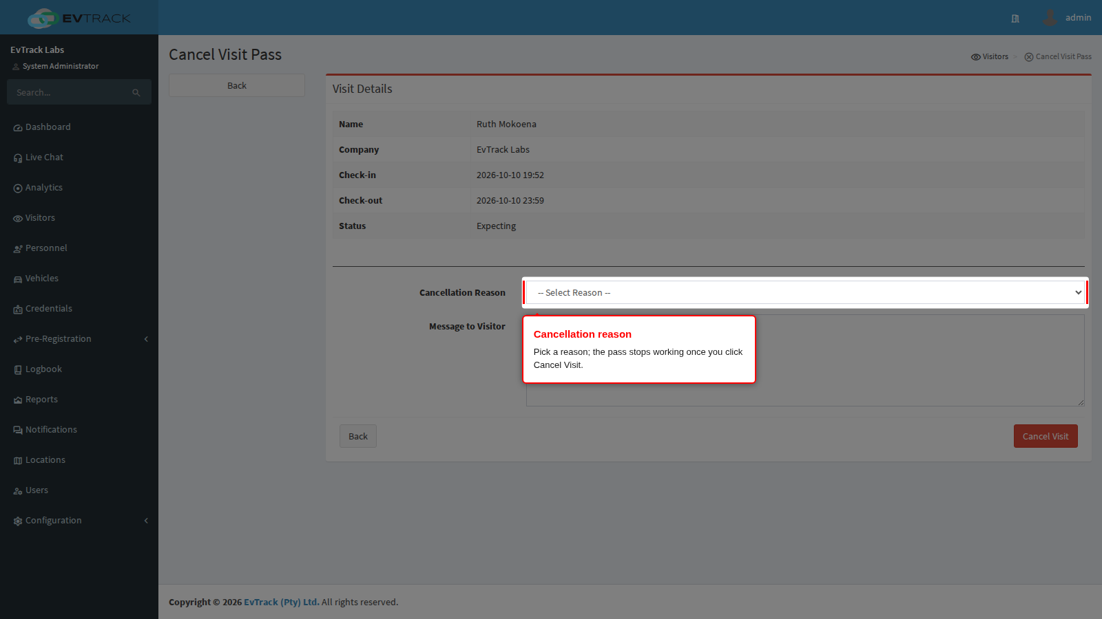 Cancel Visit Pass page