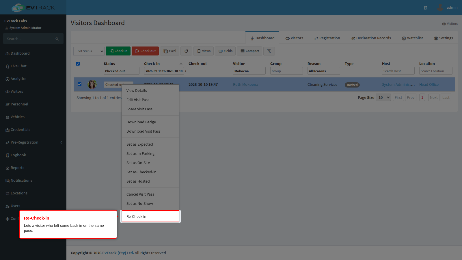 Re-Check-in in the actions menu