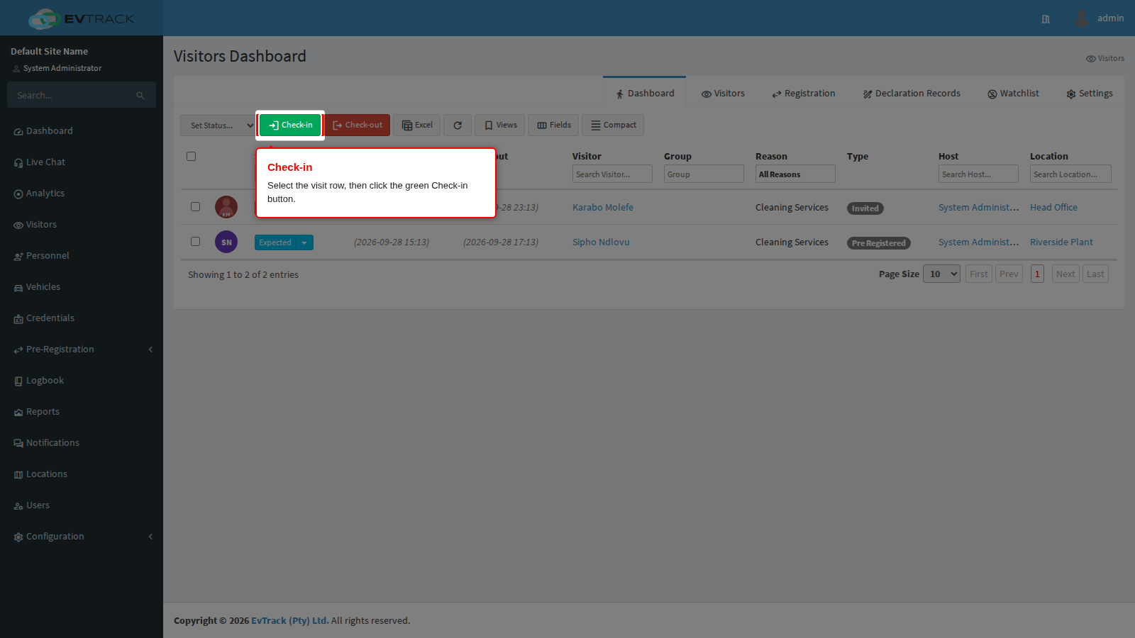 Check-in button in the dashboard toolbar