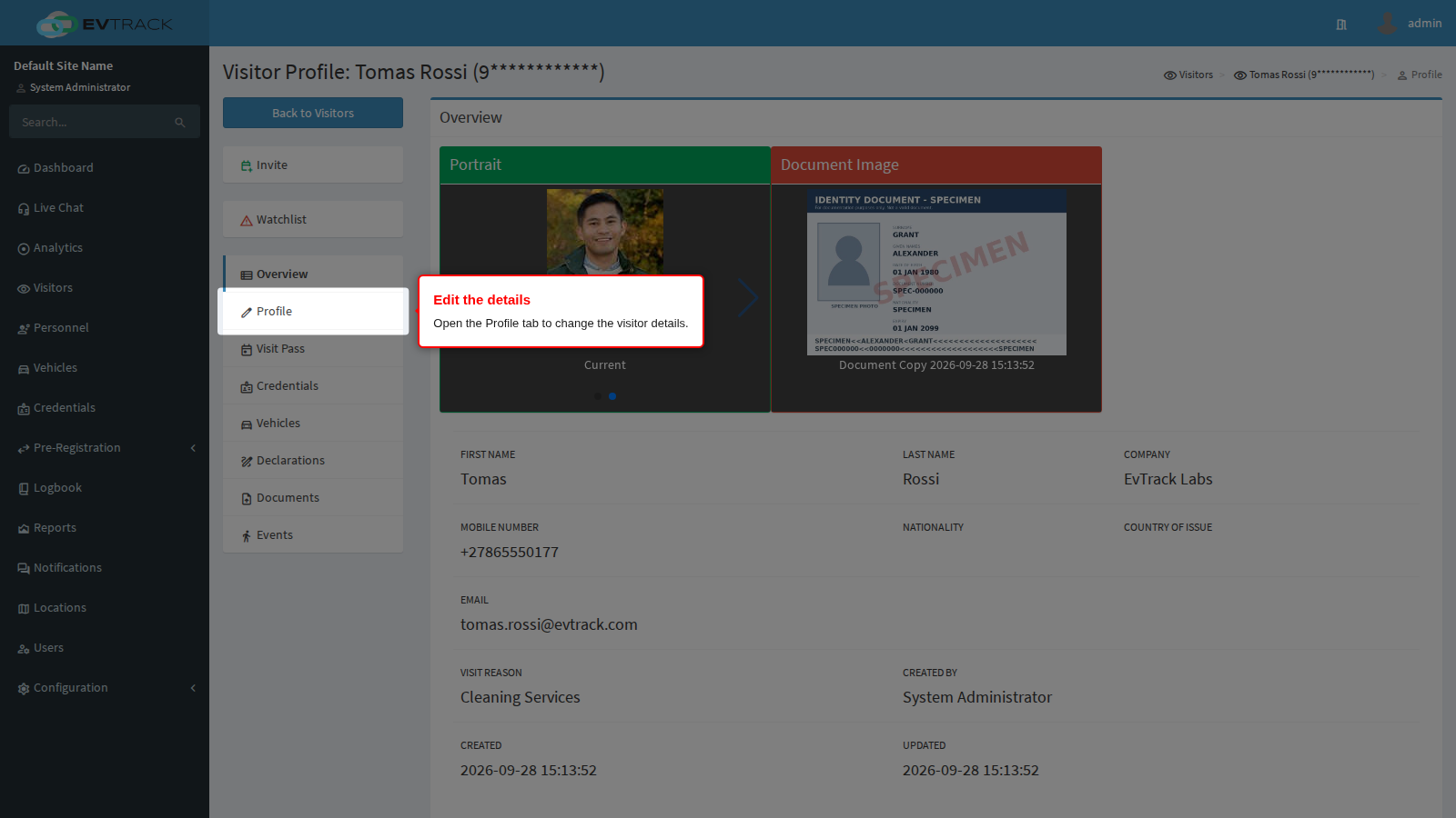 Profile tab on the visitor profile