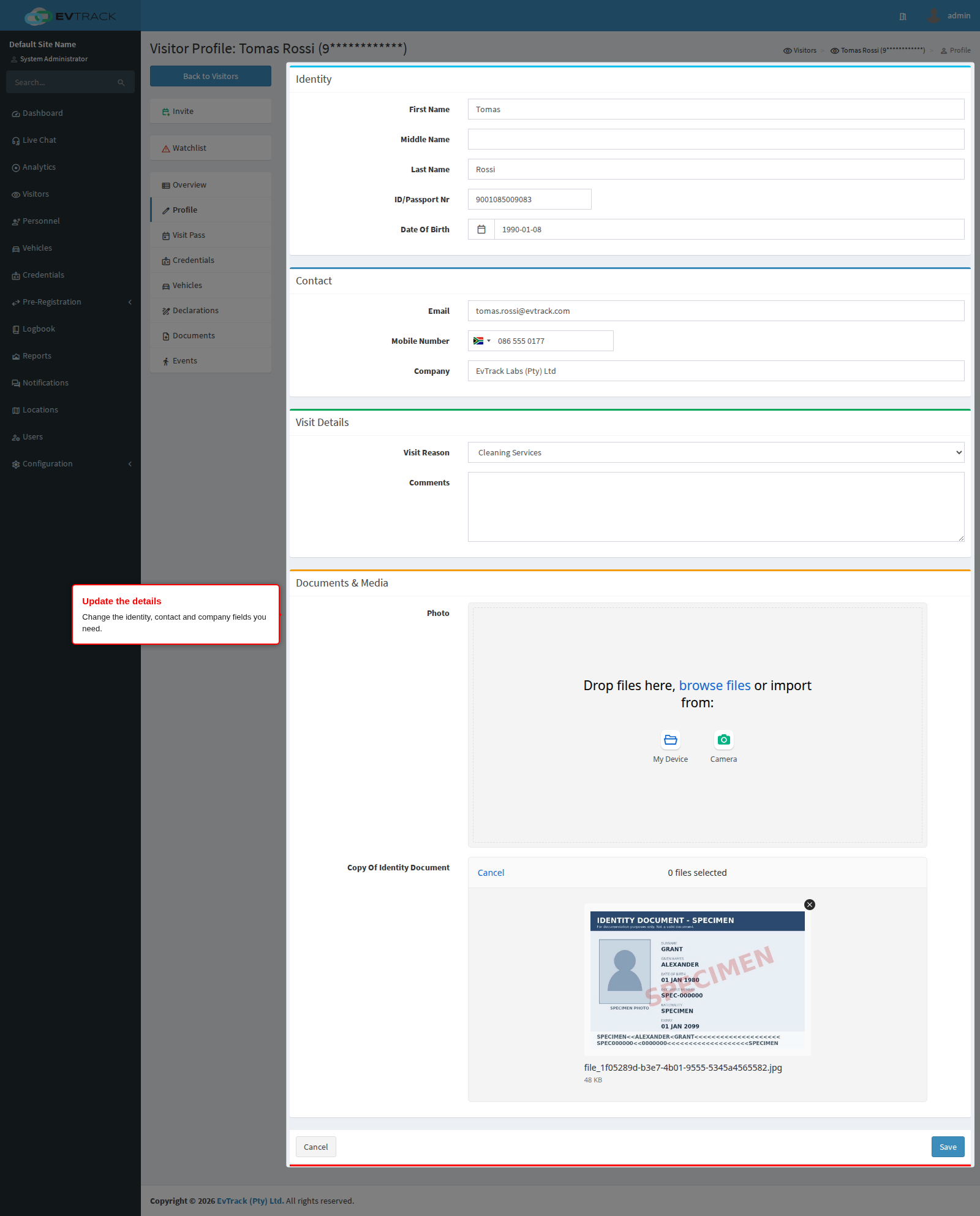Editable visitor details