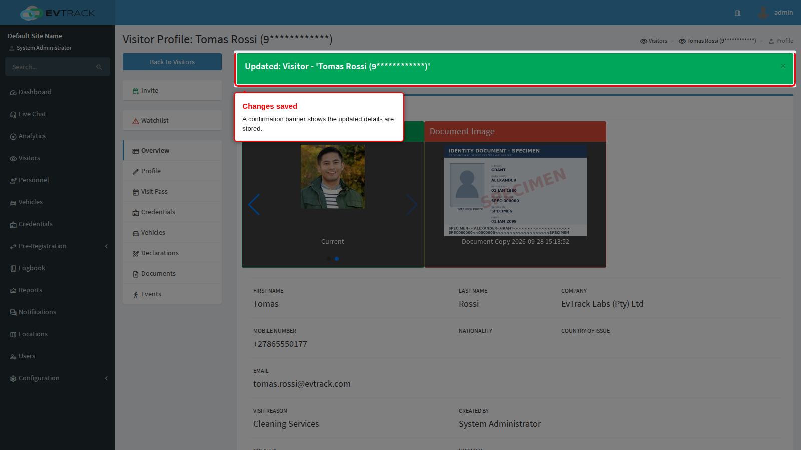 Visitor updated confirmation