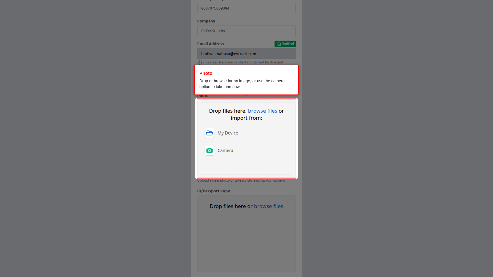 Photo upload panel