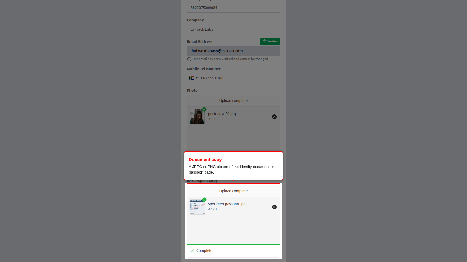 Identity document copy panel