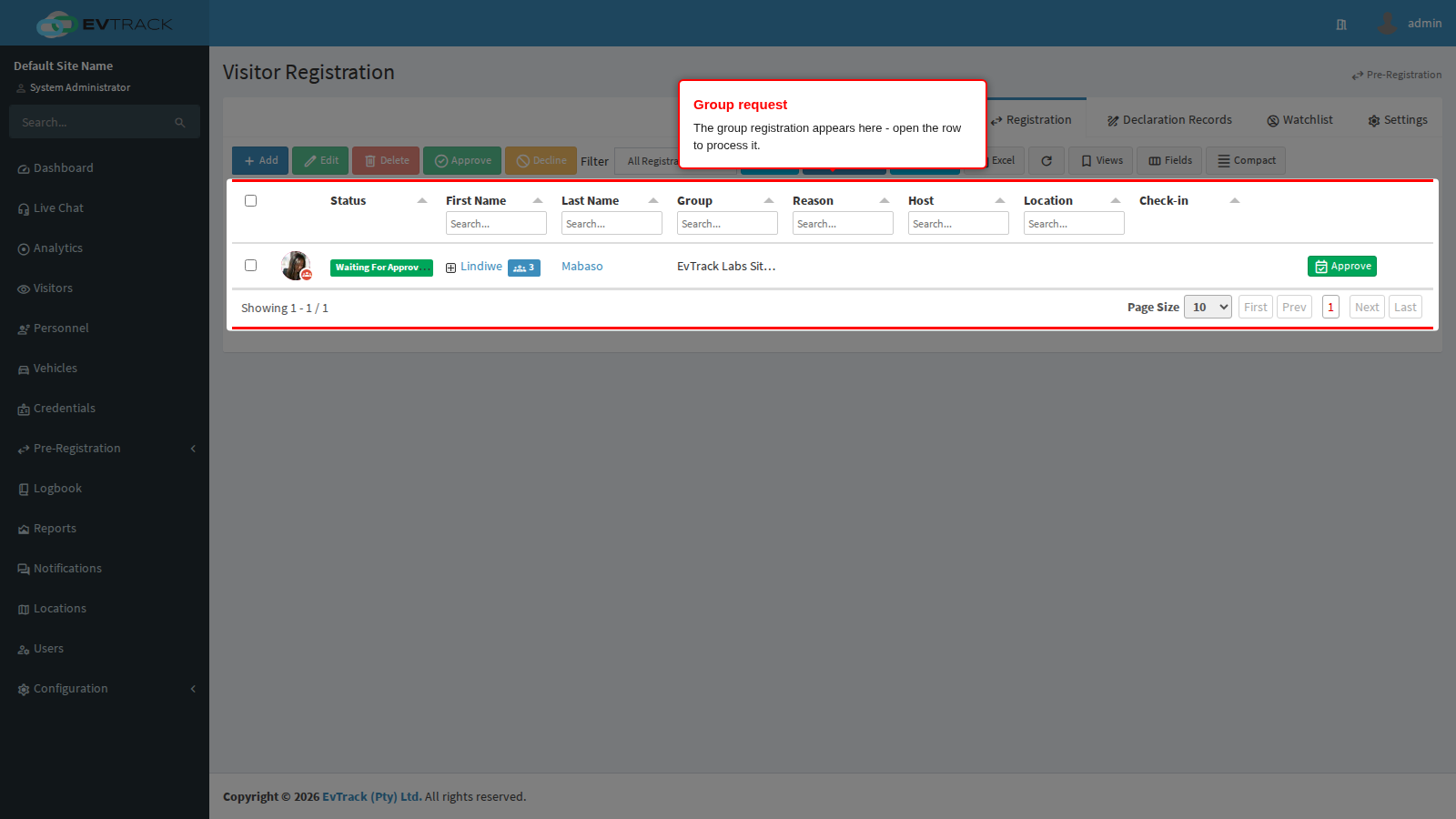 Group request in the Registration list