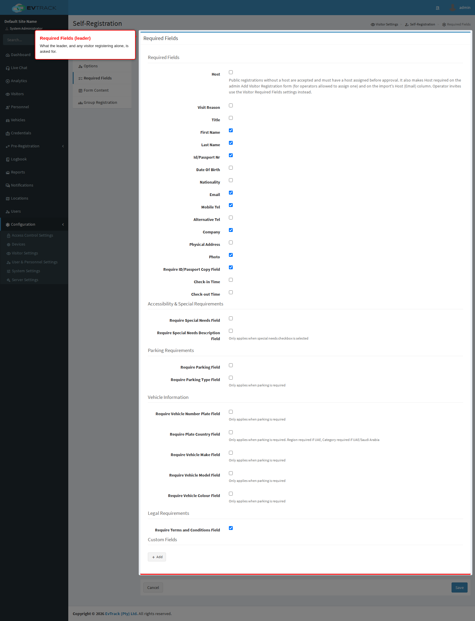 Required Fields for the leader