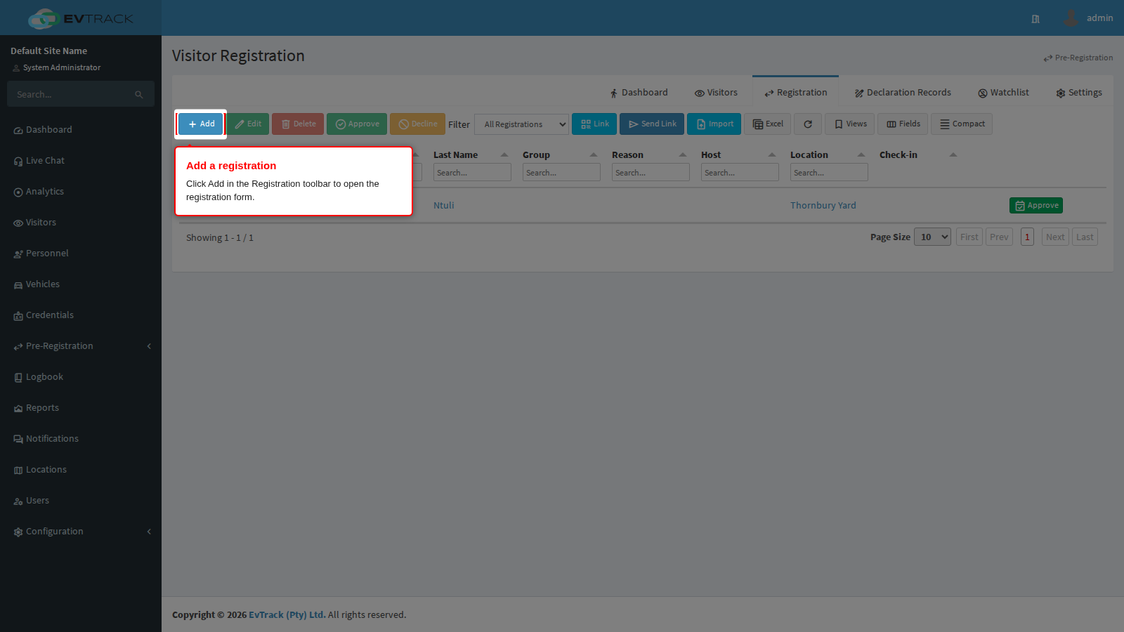 Add button in the Registration toolbar