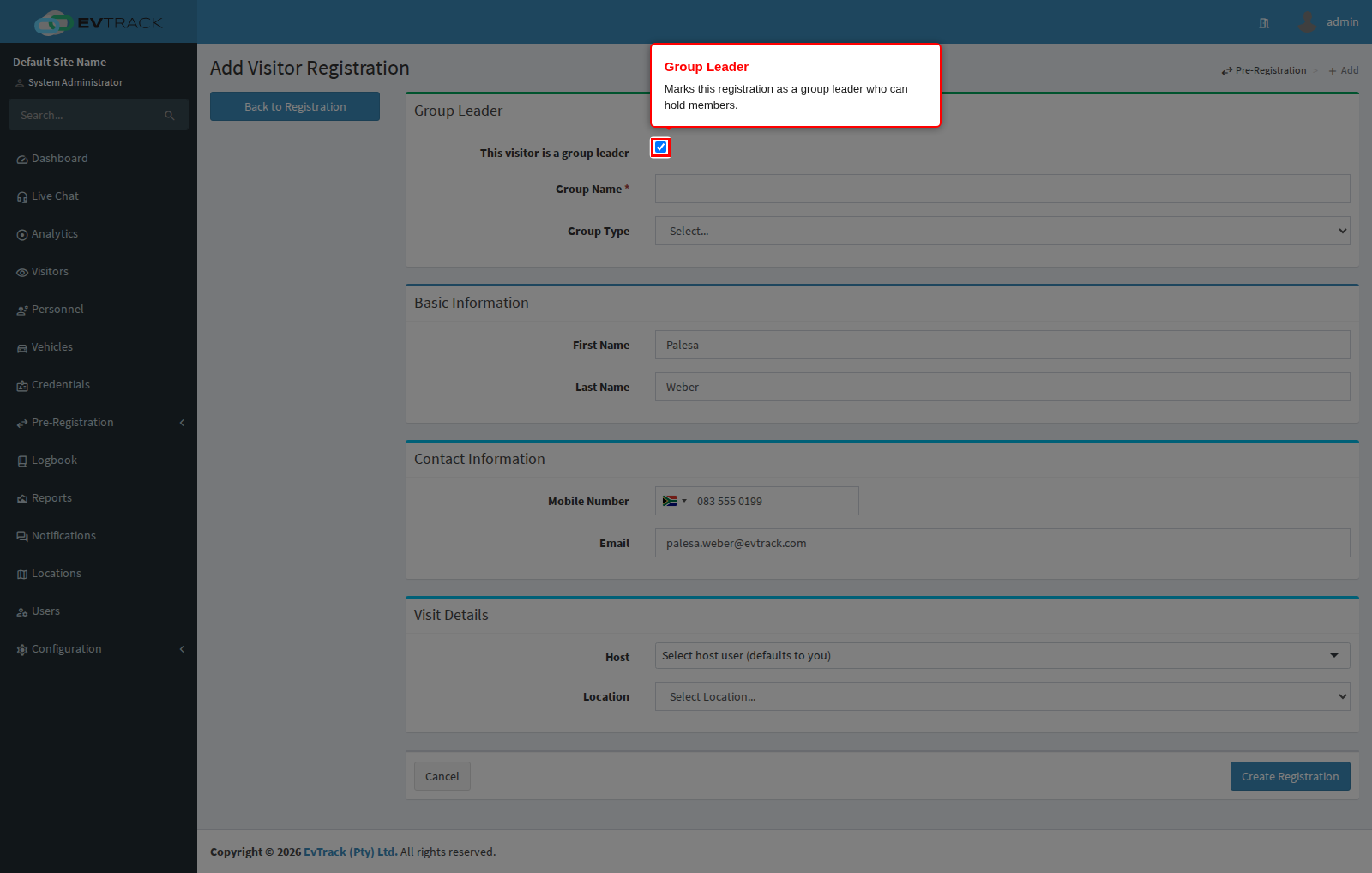 Registration form with the Group Leader toggle