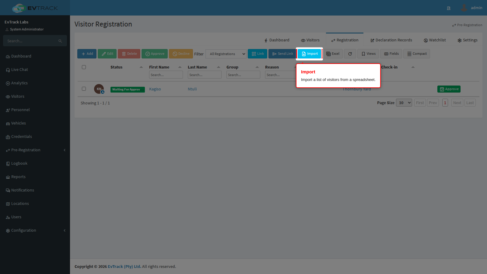 Import button on the Registration list