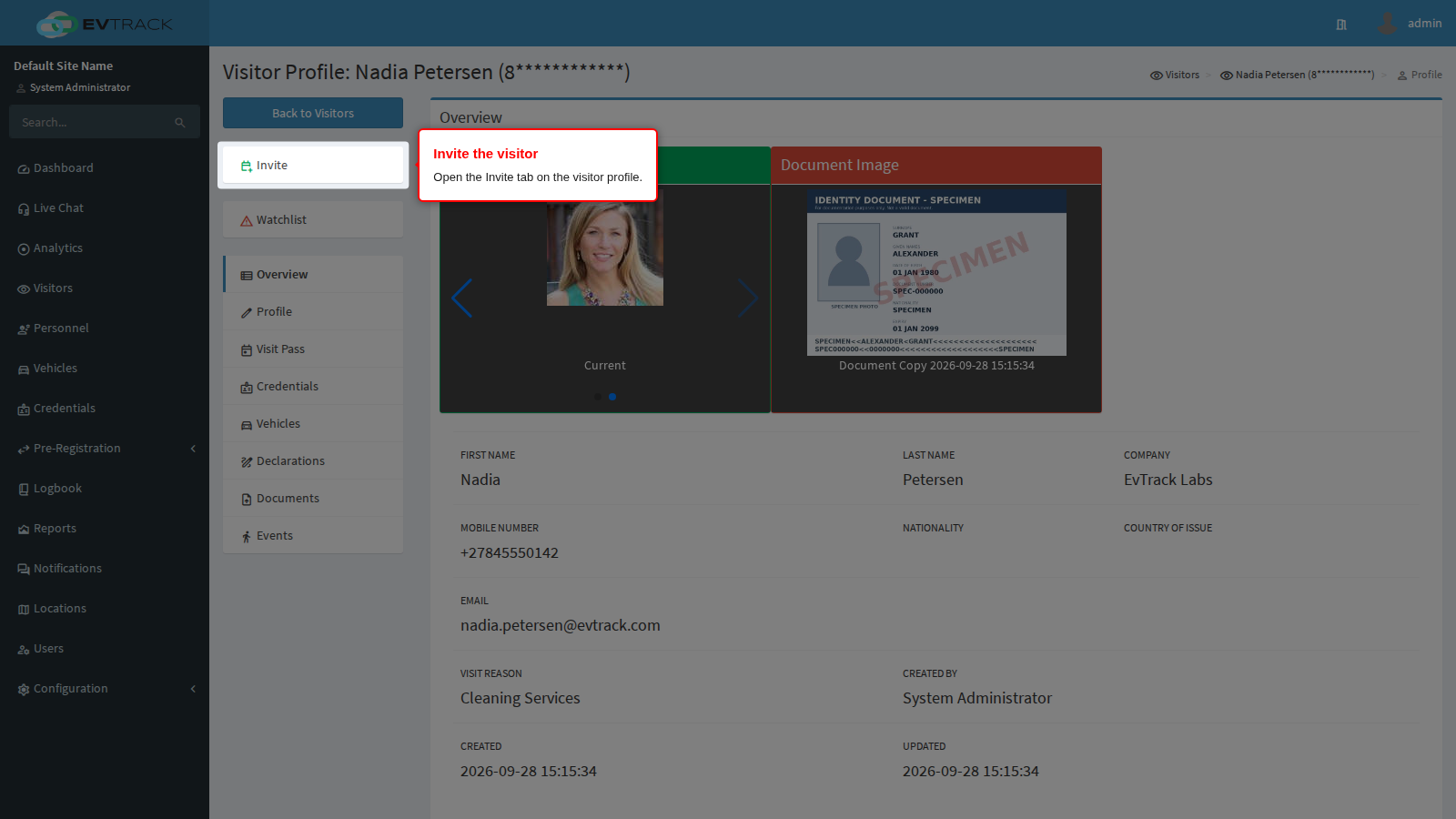 Invite tab on the visitor profile