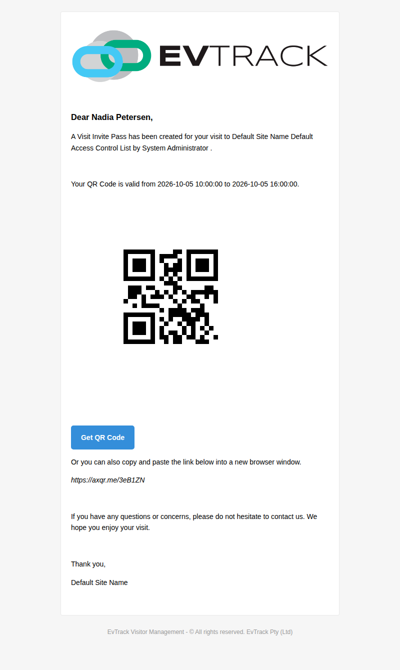 Invitation email received by the visitor
