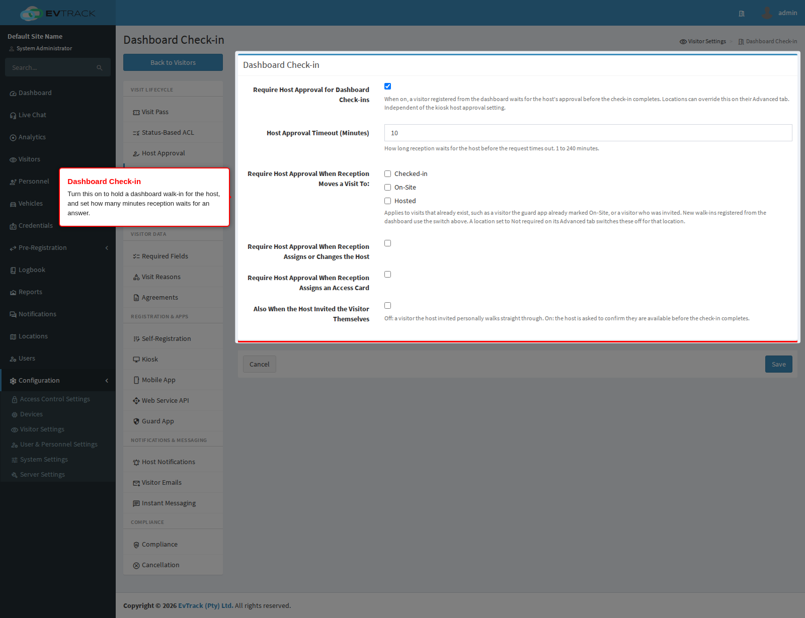 The Dashboard Check-in settings panel, including the switches for changes to an existing visit