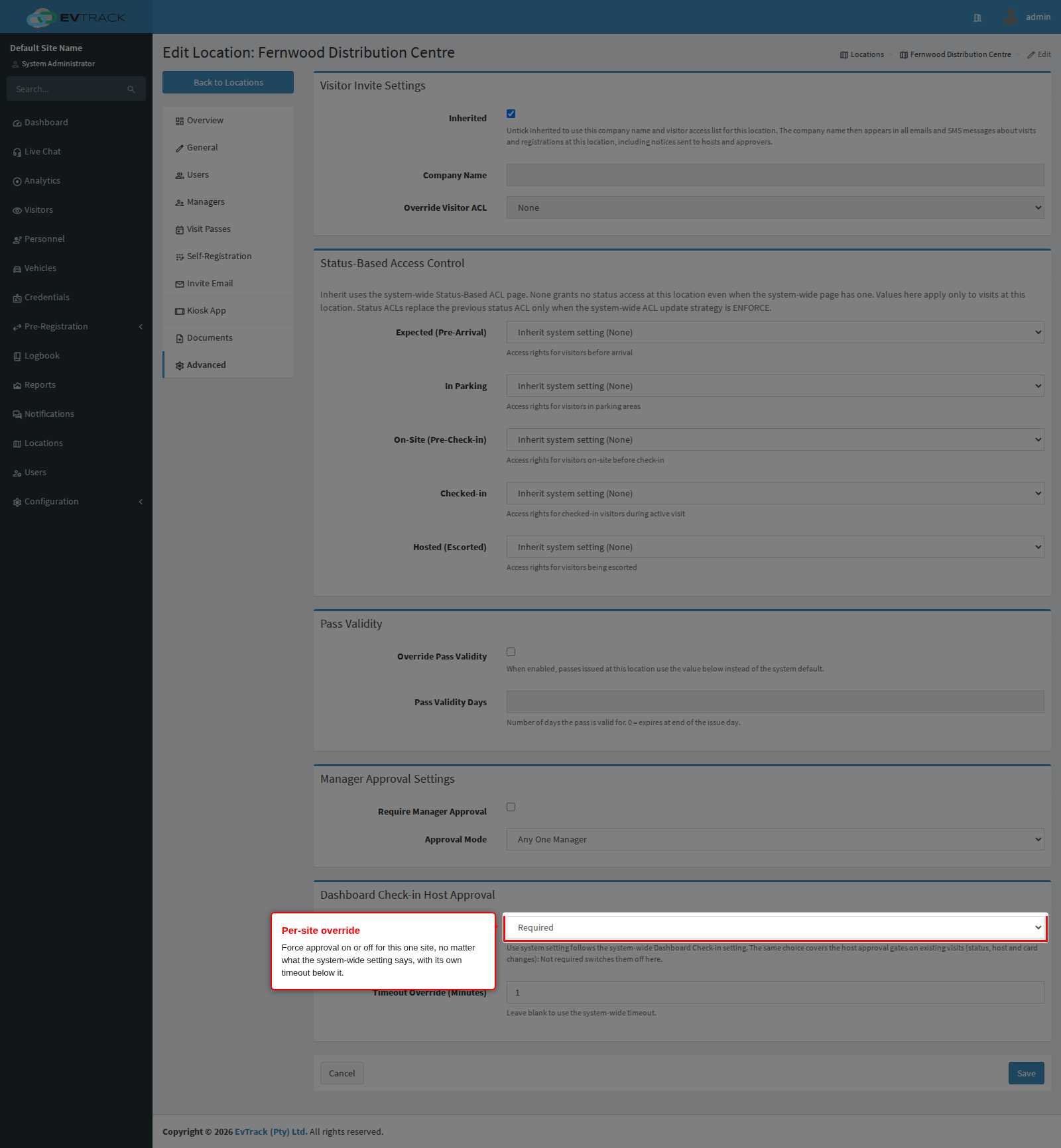The per-location Dashboard Check-in Host Approval override