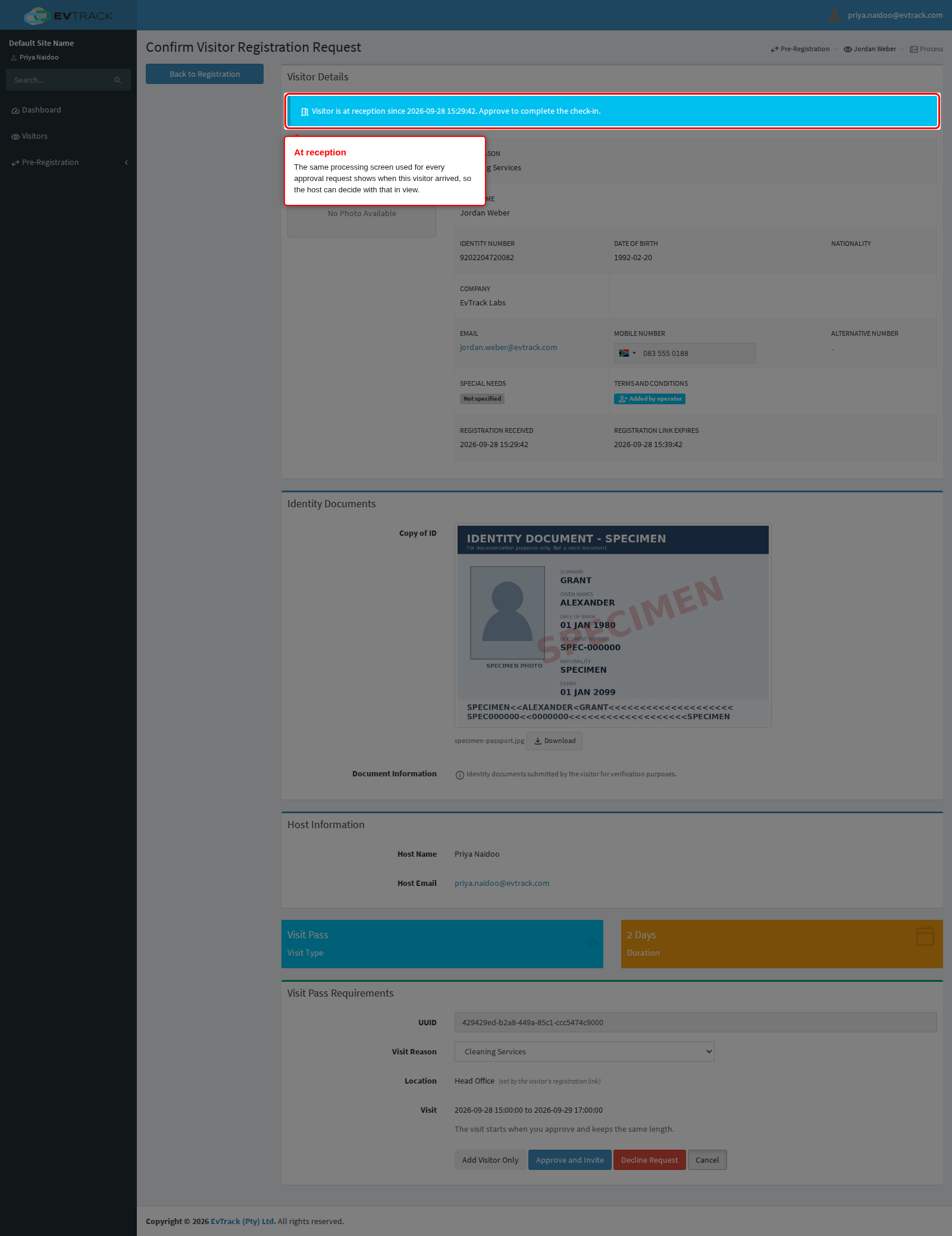 The processing screen showing the visitor is at reception