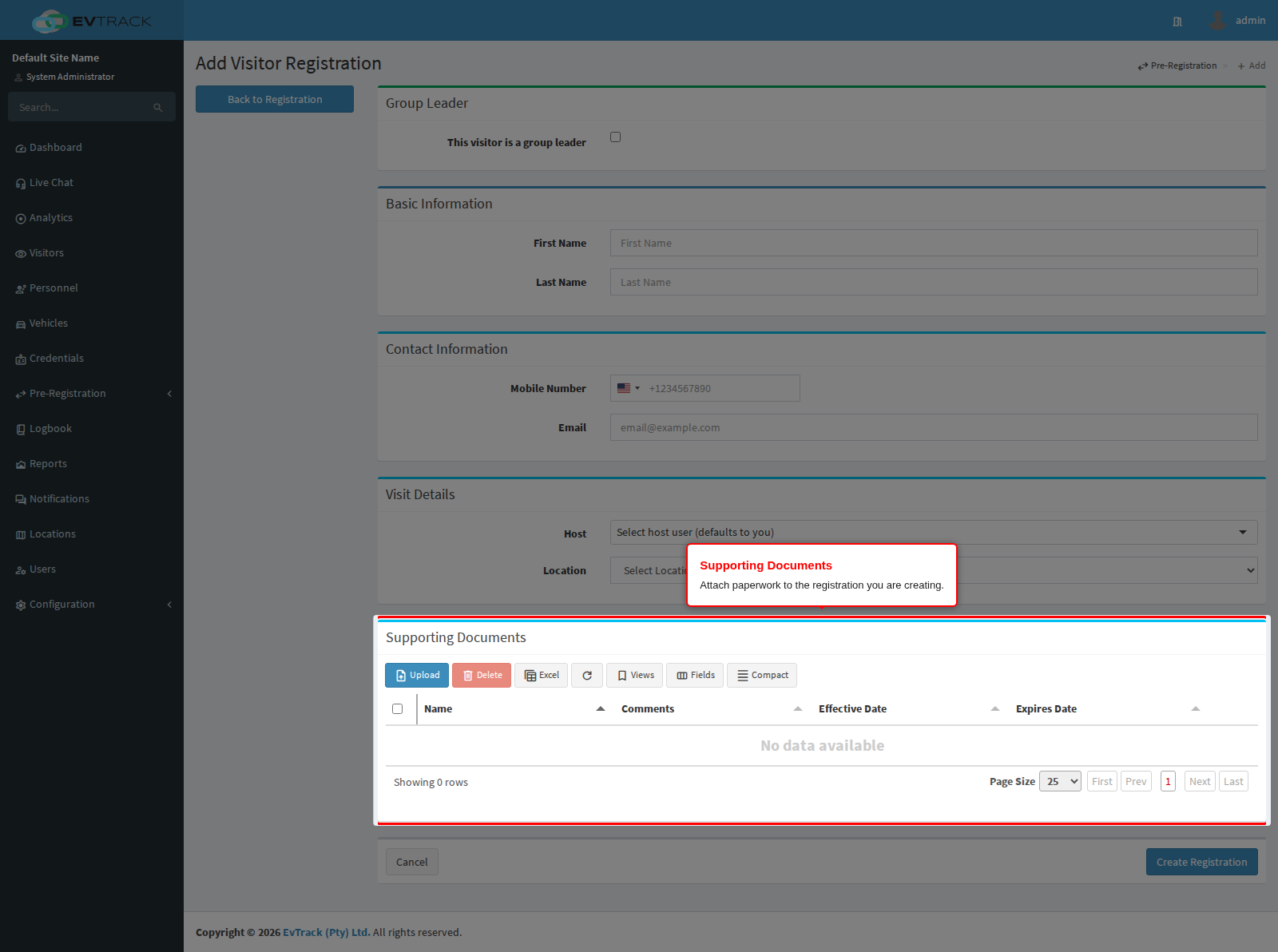 The Supporting Documents panel on the add screen