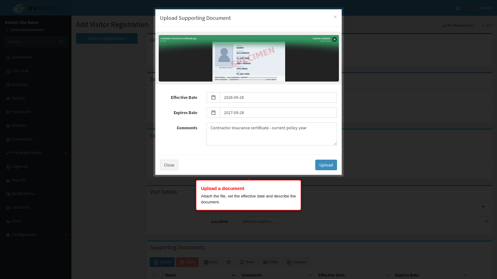 The upload dialog