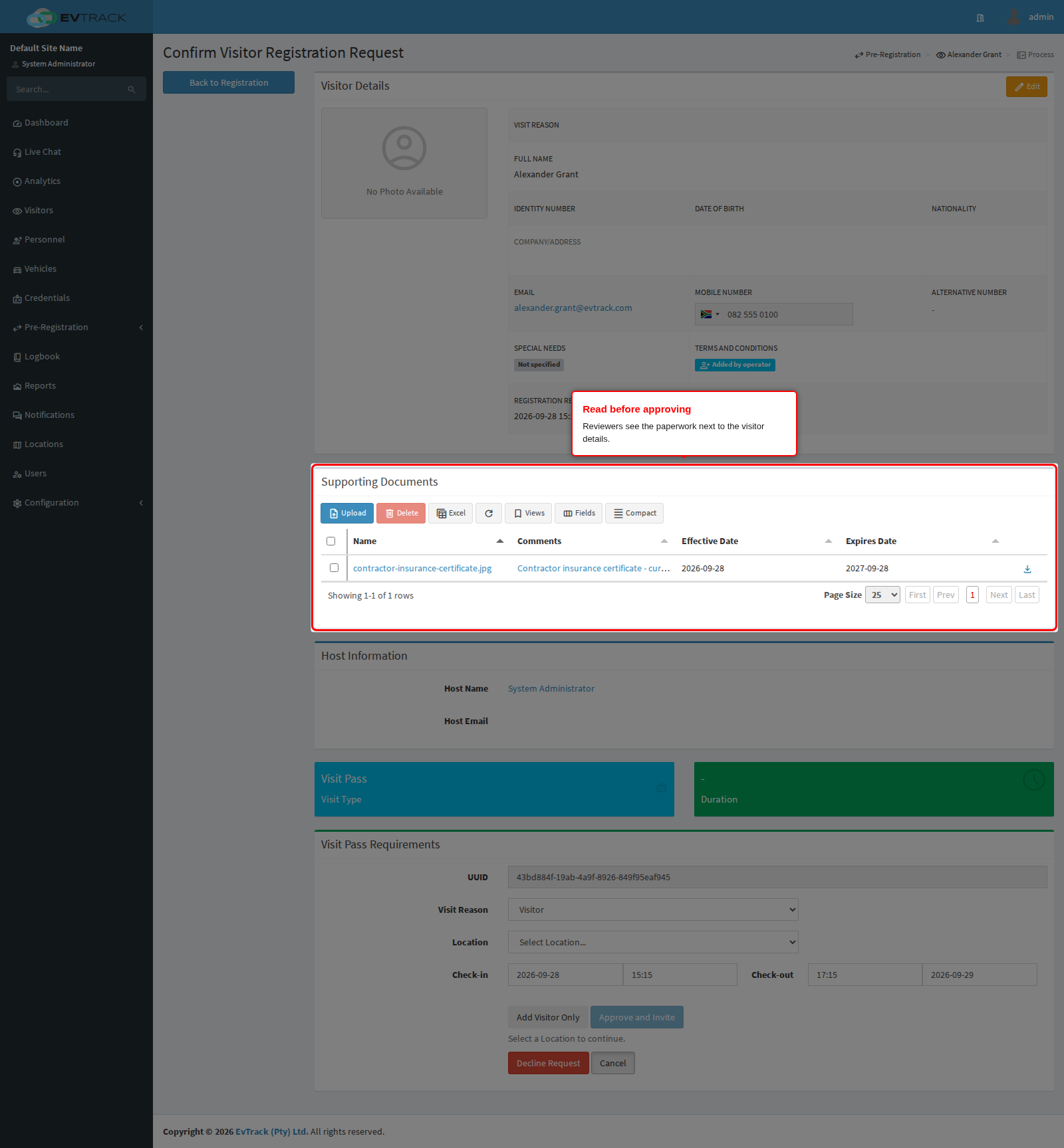 Supporting documents on the processing screen