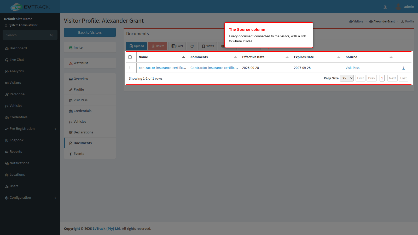 The visitor's Documents tab with the Source column