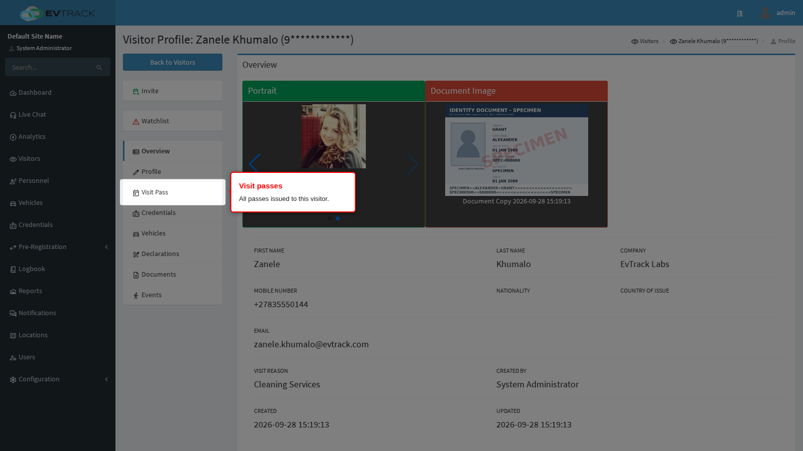 Visit Pass tab on the visitor profile
