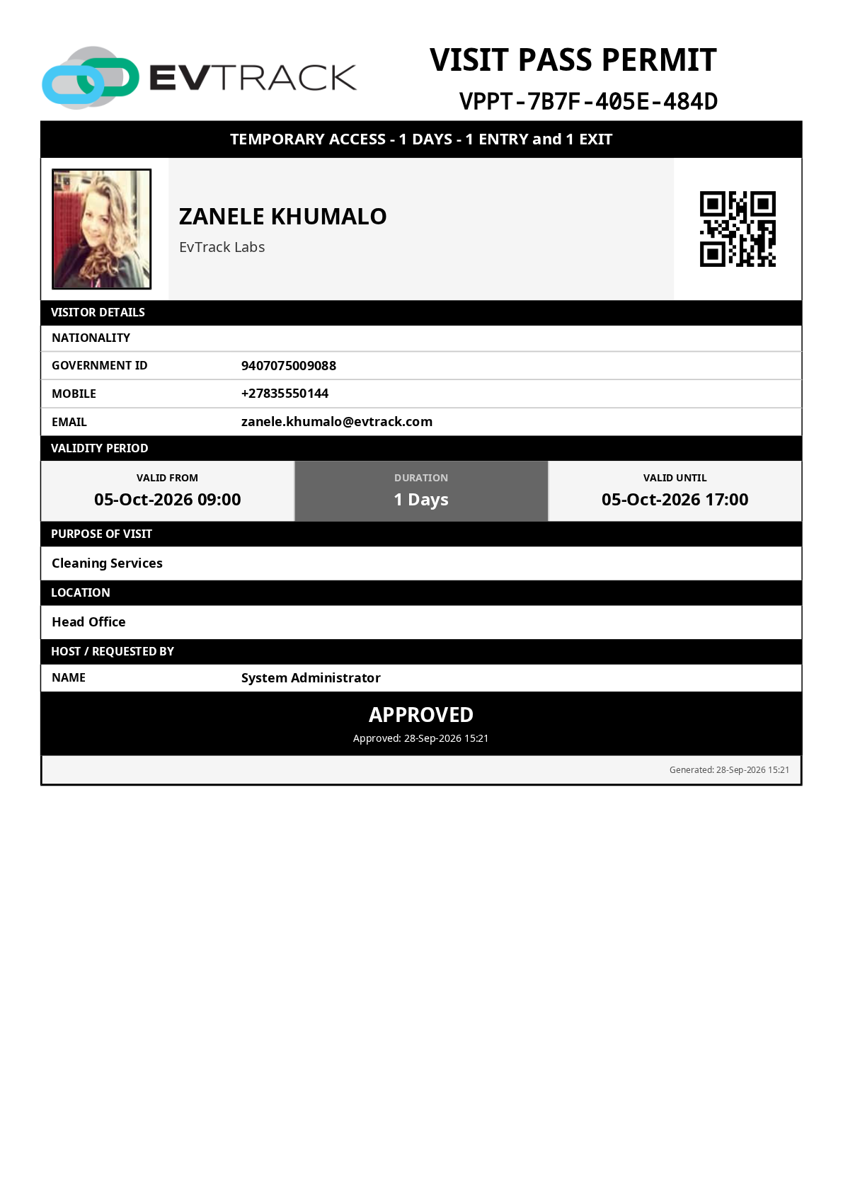 Printable visit pass