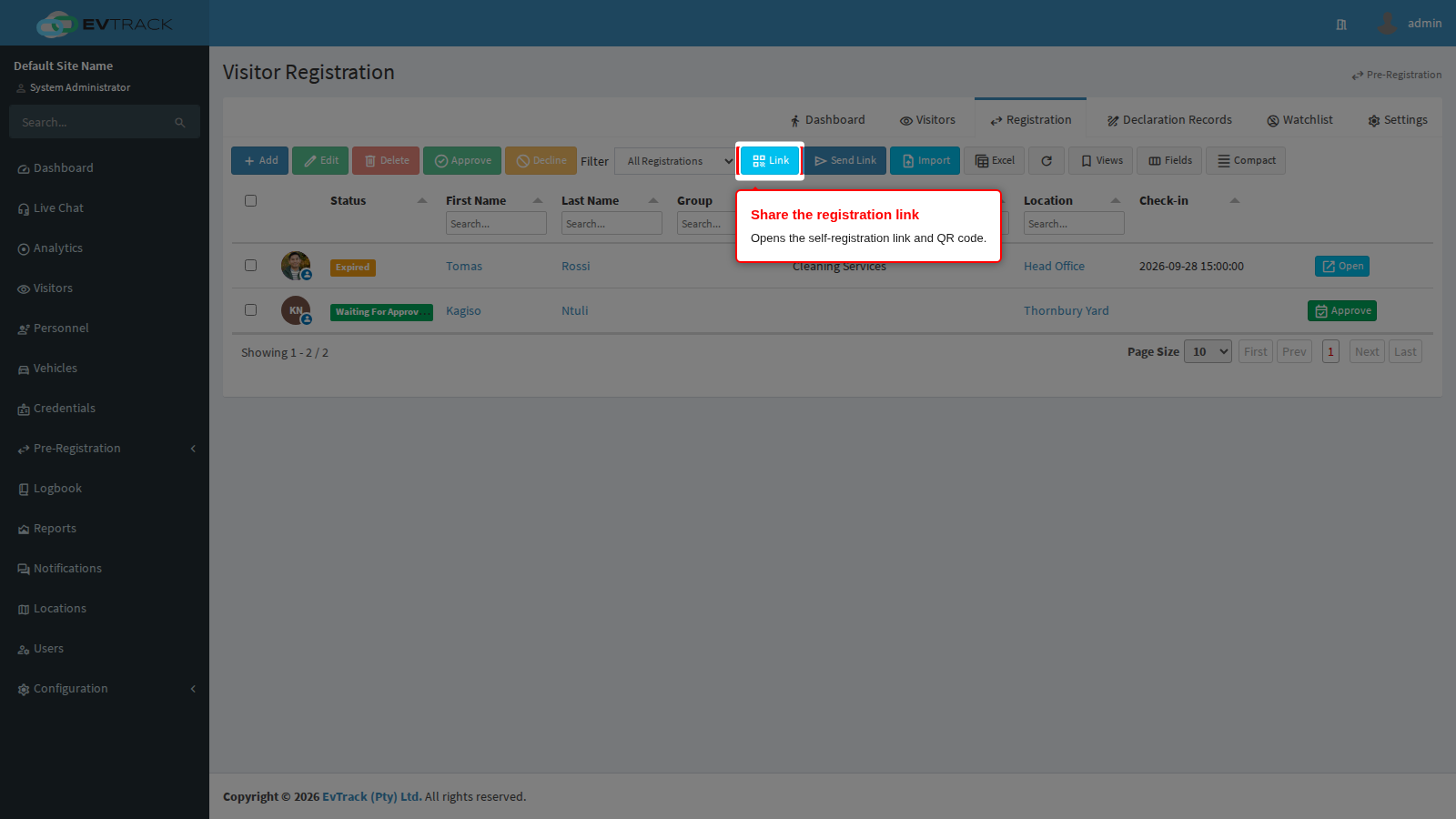 Link button in the Registration toolbar