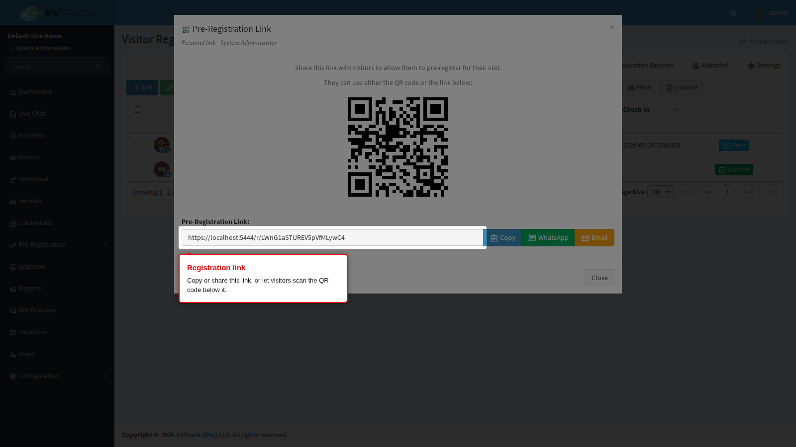 Registration link and QR code sharing dialog