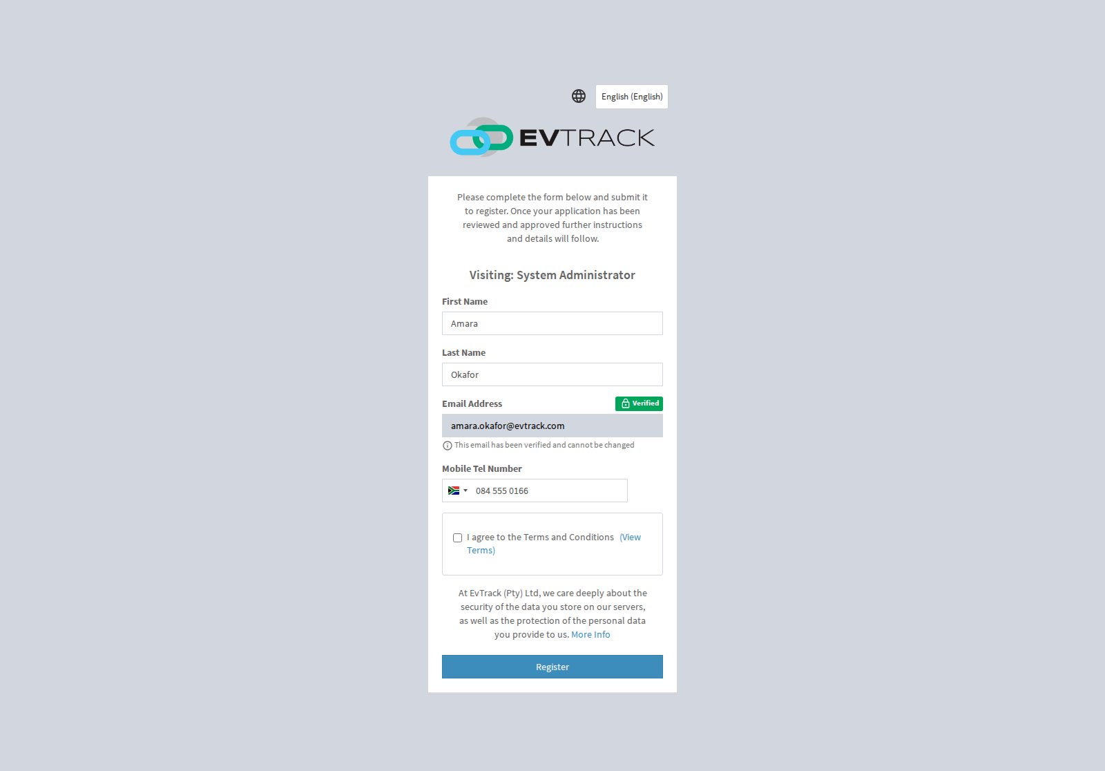 Completed self-registration form