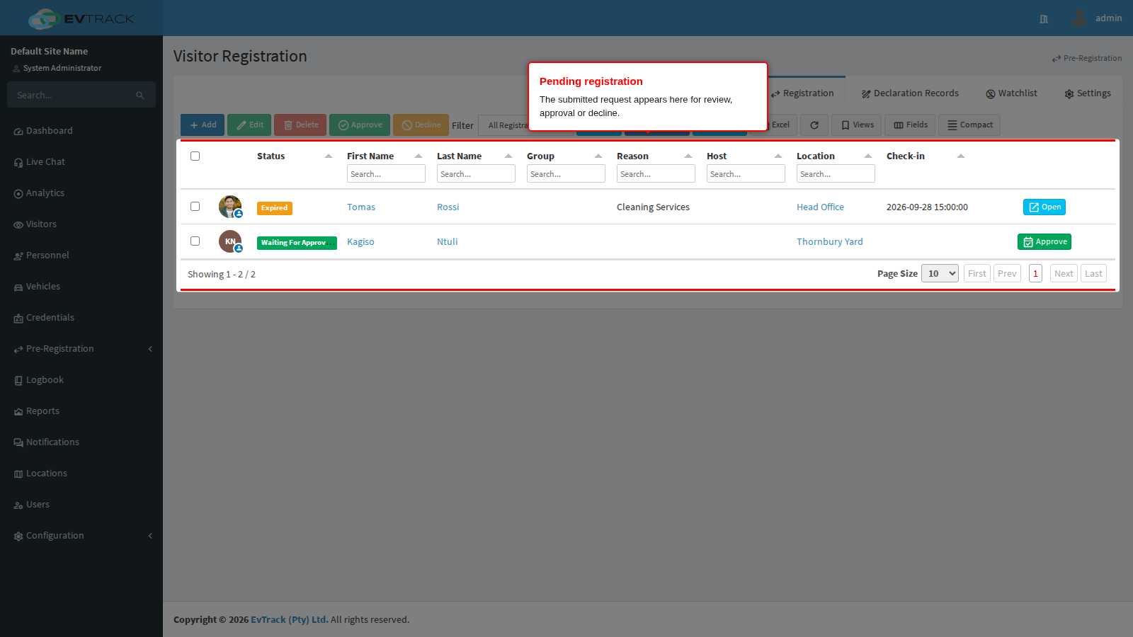 Pending registration request in the admin list