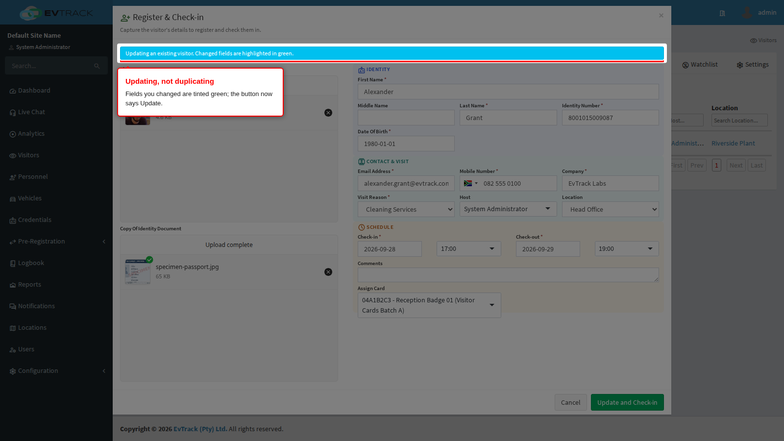 Updating an existing visitor