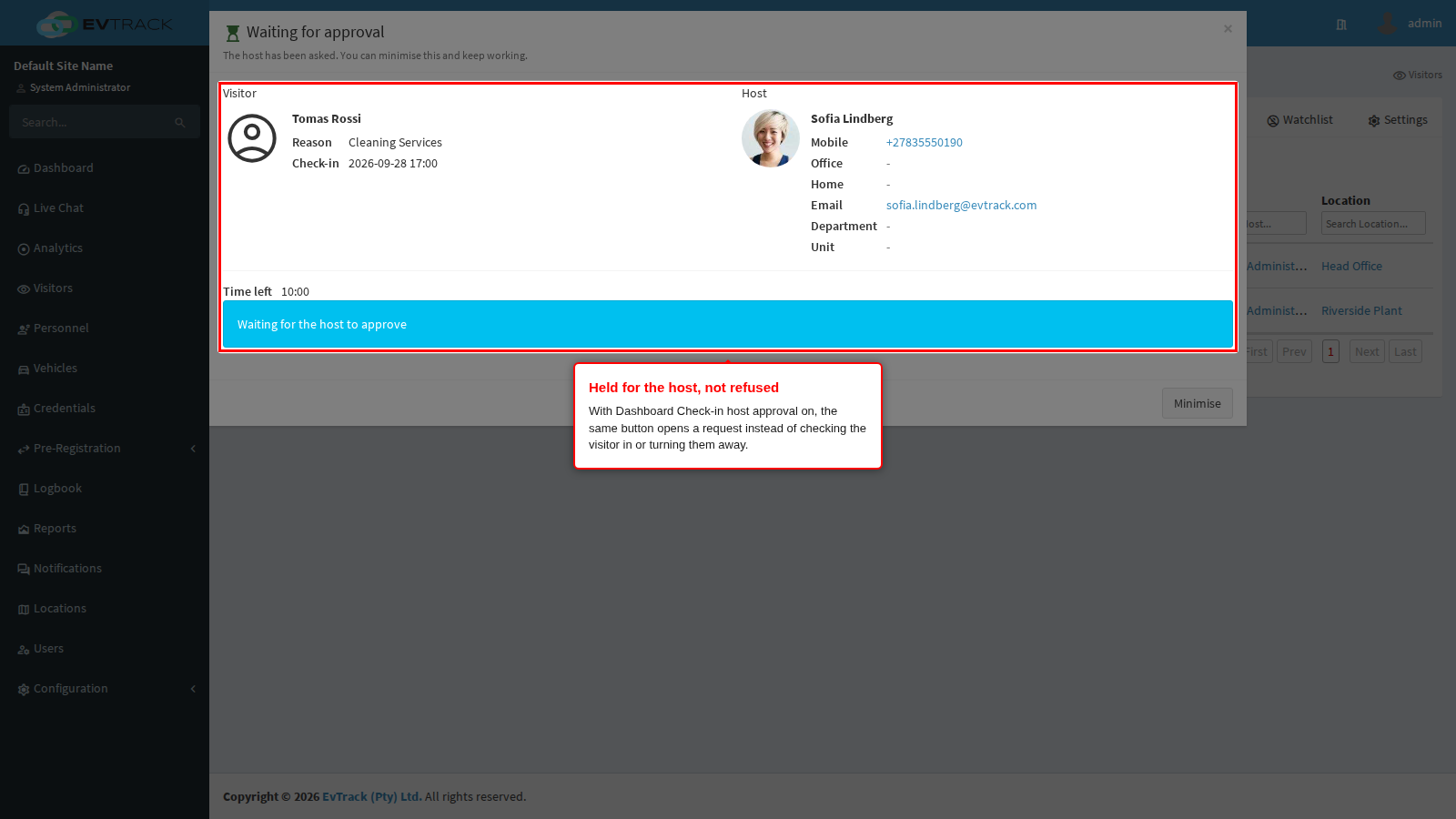 The waiting panel after submitting, with host approval switched on