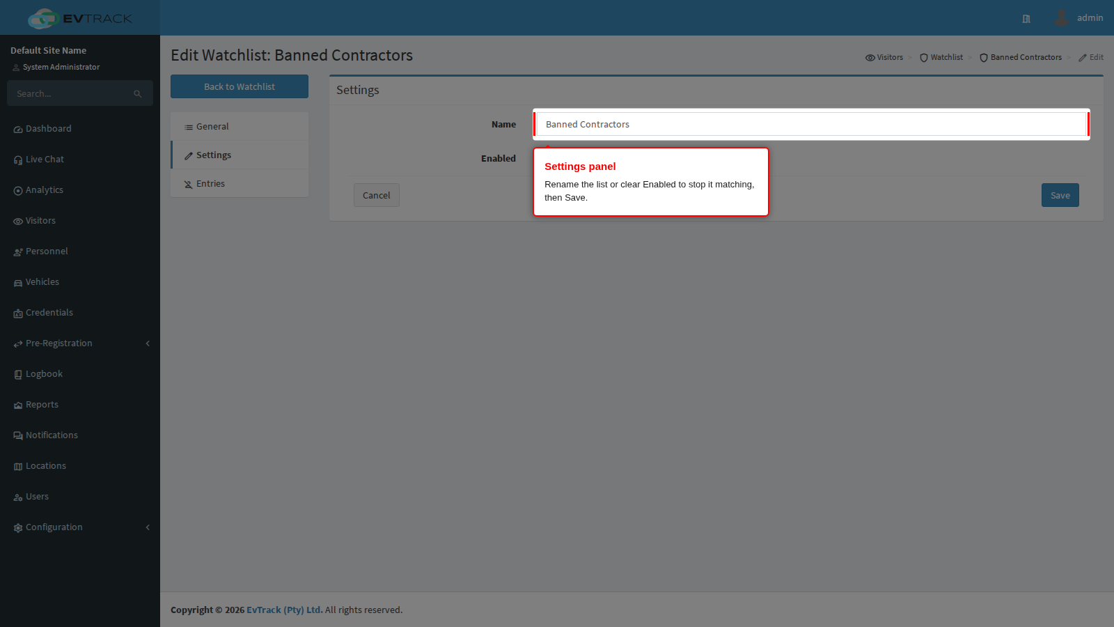 Settings panel