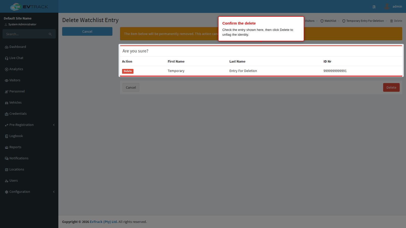 Entry delete confirmation